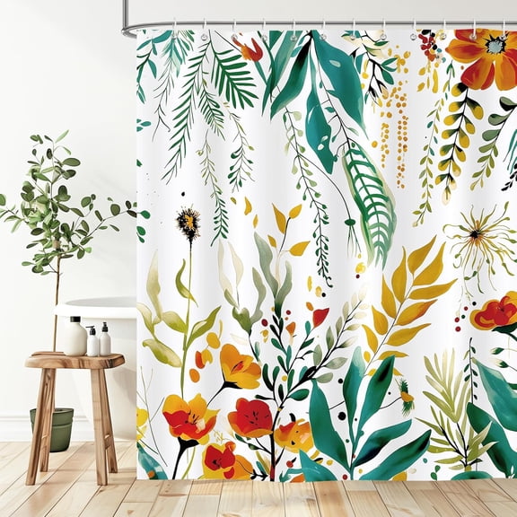 Bohemian Floral Shower Curtain Colorful Leaves Plant Bathroom Décor Waterproof Polyester Fabric Bath Curtain with Hooks 54"W x 78"L (Pack of 1)