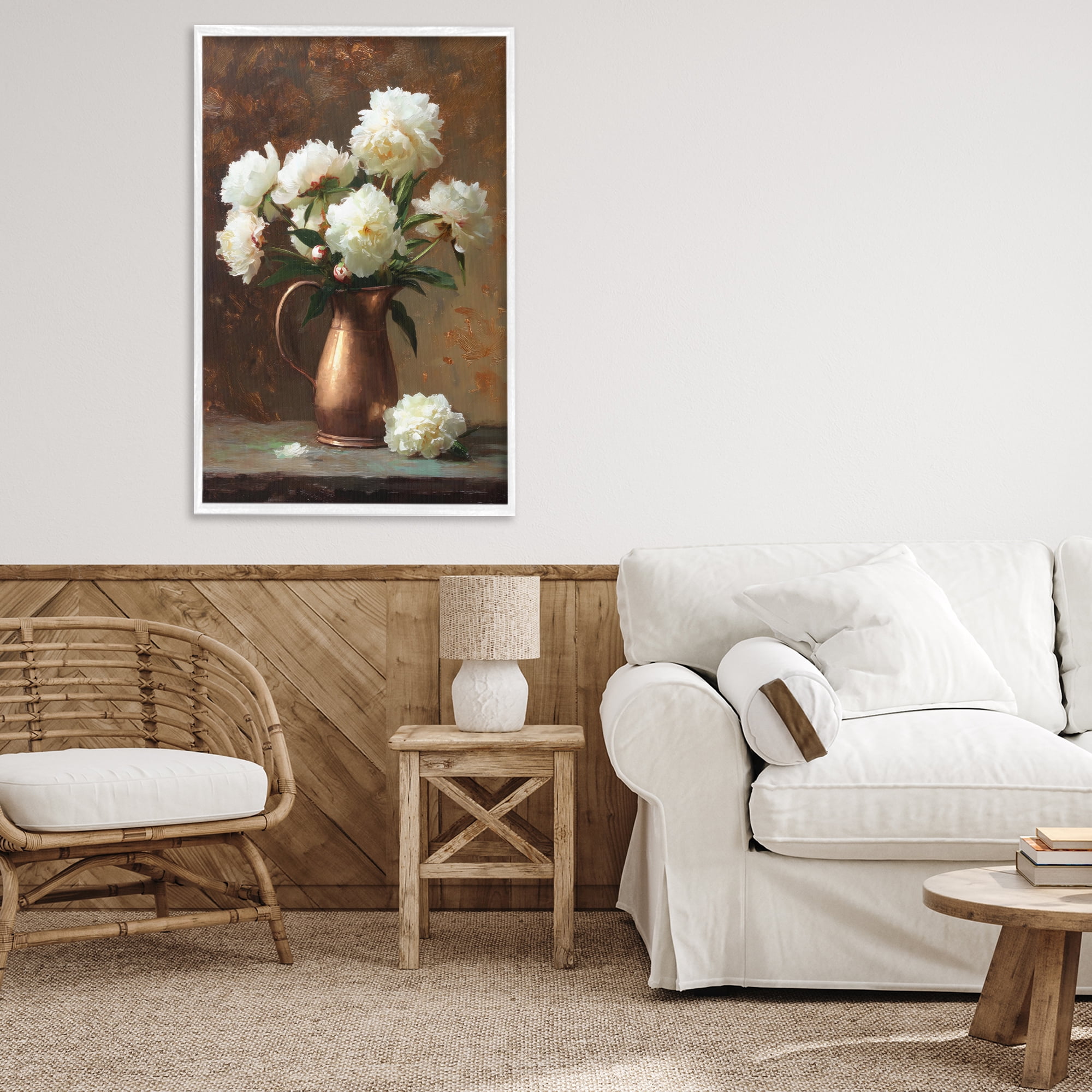 Stupell Industries Bronze Vase Peonies White Framed Giclee Art, design by Petal Prints Design