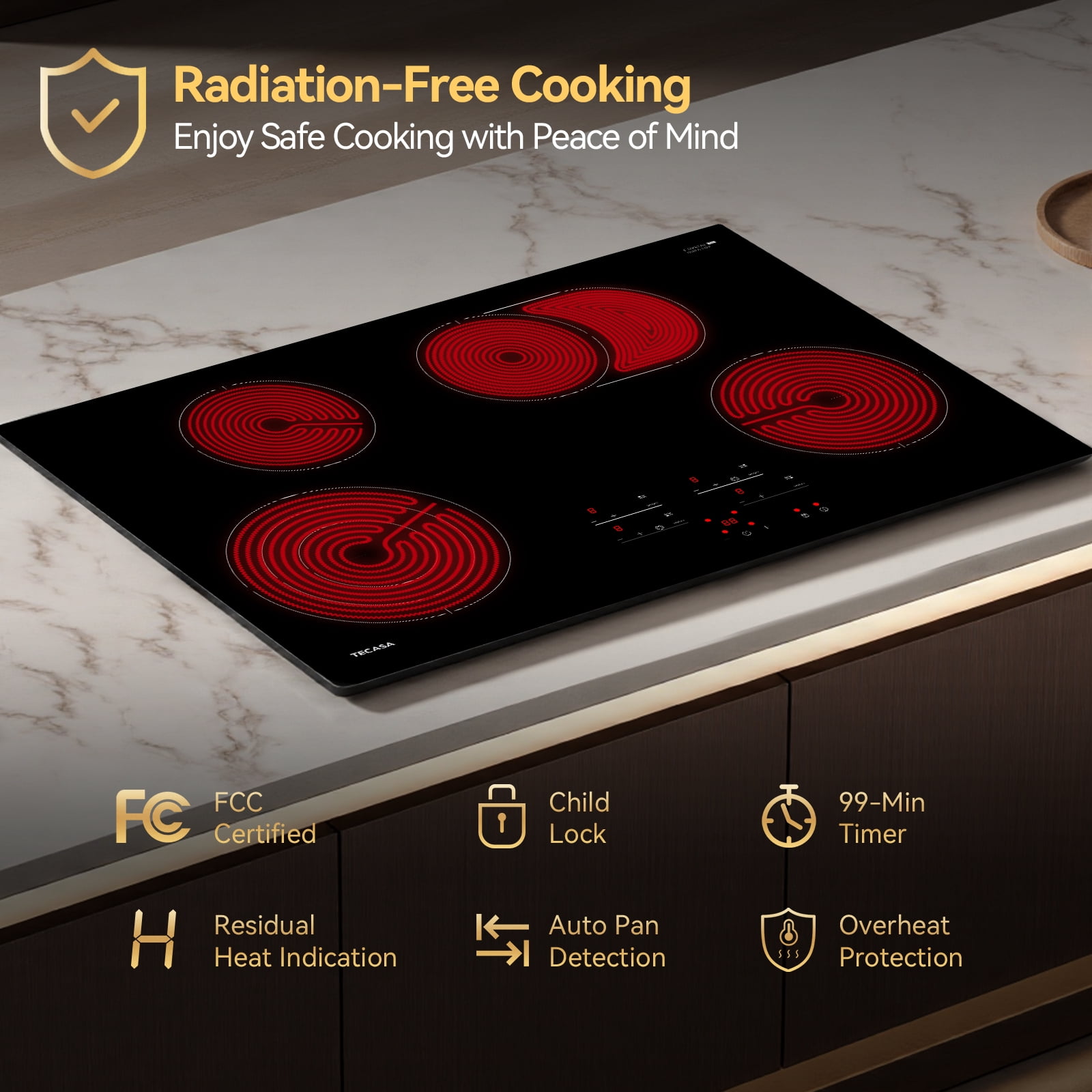 Tecasa 30 Inch 4 Burners Radiant Electric Cooktop in Black with Bridge Element and Triple Ring Element Touch Control