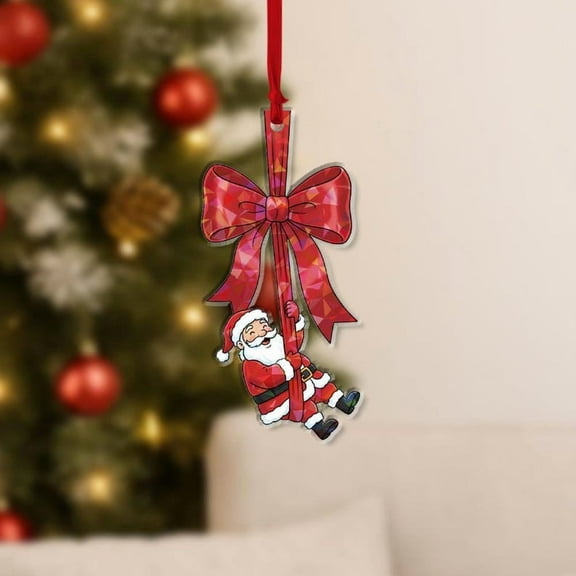 ViciArt Santa Hologram Ornament, Acrylic or Fiber Wood, Red Bow Christmas Tree Decor