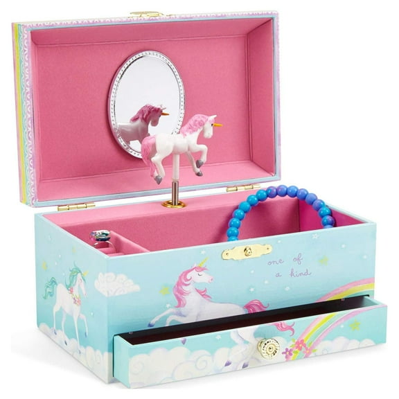 Jewelkeeper Girl's Musical Jewellery Storage Box with Pull-out Drawer, Rainbow Unicorn Design, The Unicorn Tune