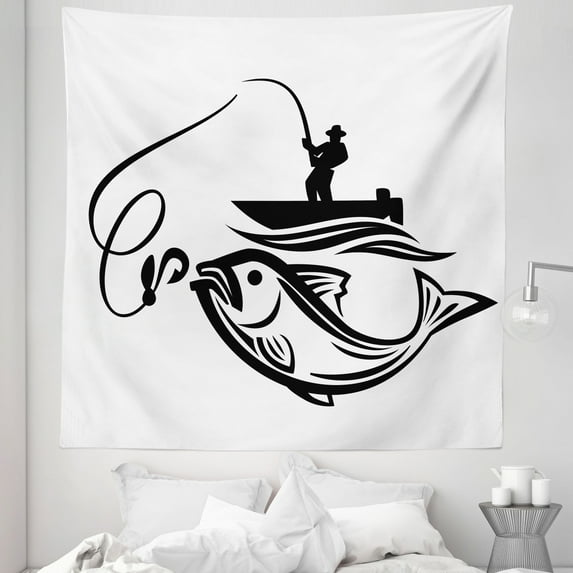 Bass Fish Tapestry, Activity Hobby Out in the Wild Fishing Bait Hook Catching Sea Animals, Fabric Wall Hanging Decor for Bedroom Living Room Dorm, 5 Sizes, Charcoal Grey White, by Ambesonne