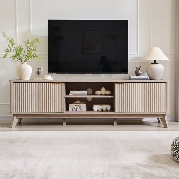 OKD 70" Modern Farmhouse TV Stand with 2 Soft Close Door, Fluted Entertainment Center Console Table, Media Furniture for Living Room, Alder White