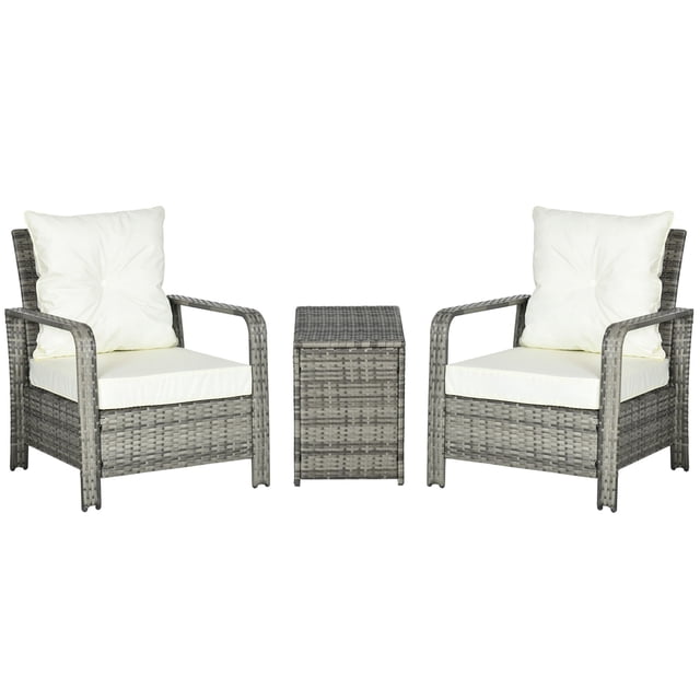 3-Piece Wicker Patio Furniture Set – Beige Rattan Bistro Set with Storage Table & Cushions for Garden, Porch, or Balcony – Outdoor Conversation Set