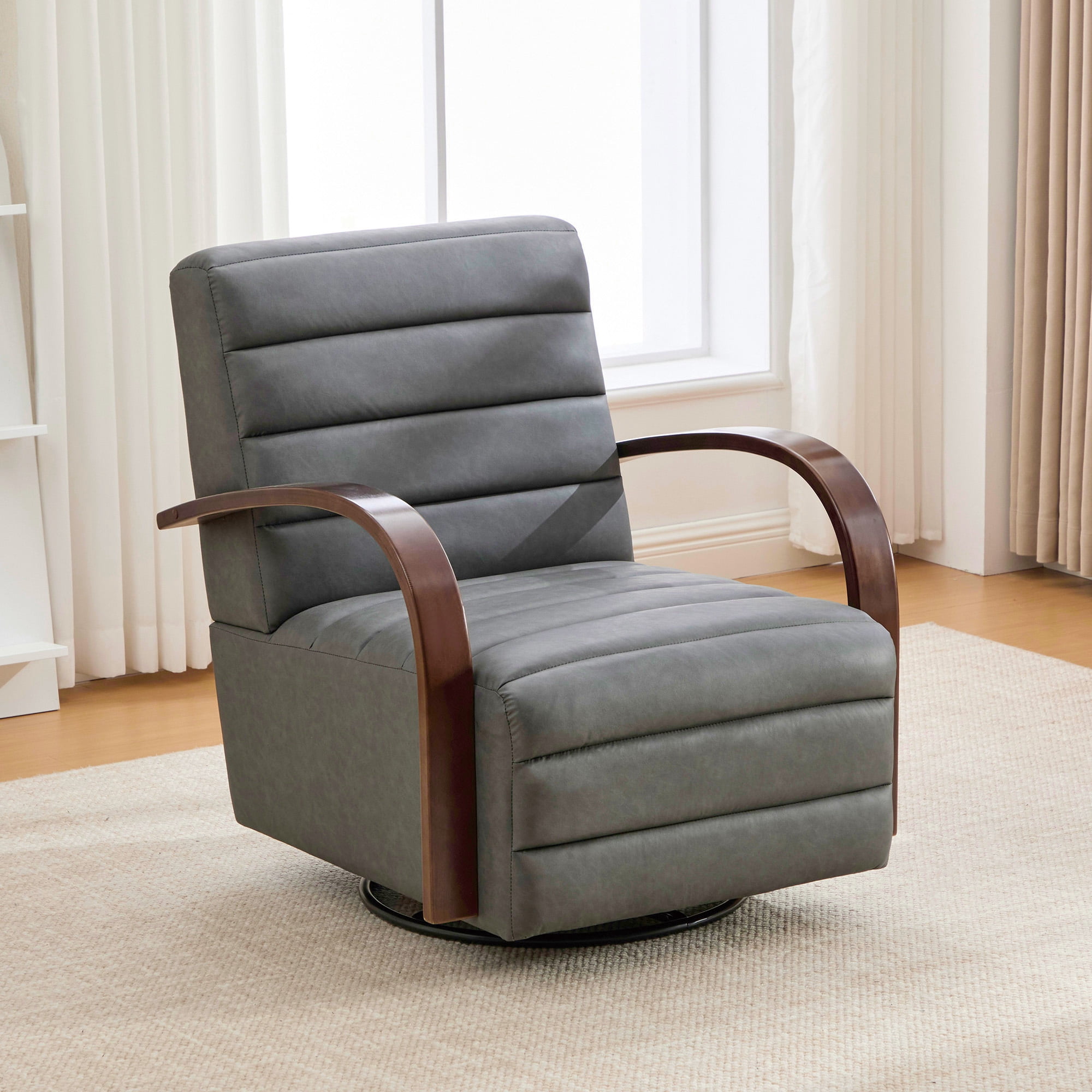 360° Swivel Accent Chair with Solid Wood Armrests,30.7"W PU Lounge Reading Chair Single Sofa Armchair for Bedroom Living Room Office,Gray