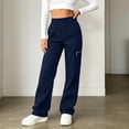 thumbnail image 4 of Womens Cargo Pants High Waisted Straight Leg Casual Summer Trousers Elastic Waist with Zipper Pockets for Work Daily Wear Travel,Blue,L, 4 of 7