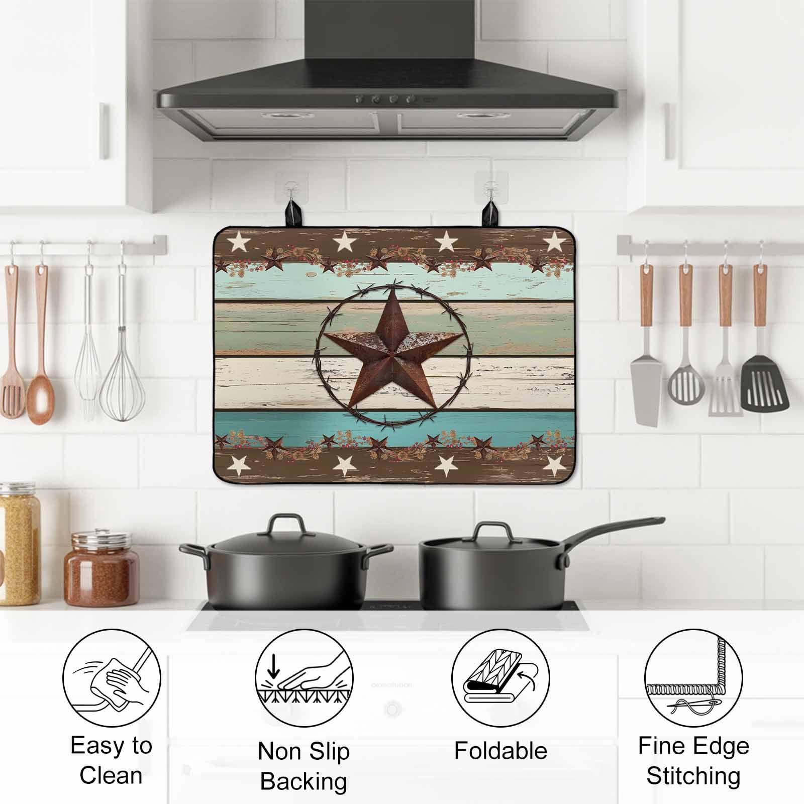Teal Brown Texas Star Stove Top Cover for Electric Stove, Heat-proof & Non Slip Glass Top Stove Cover Protector, Farmhouse Country Wooden Kitchen Flat Cooktop Rubber Mat 24x21 Inches
