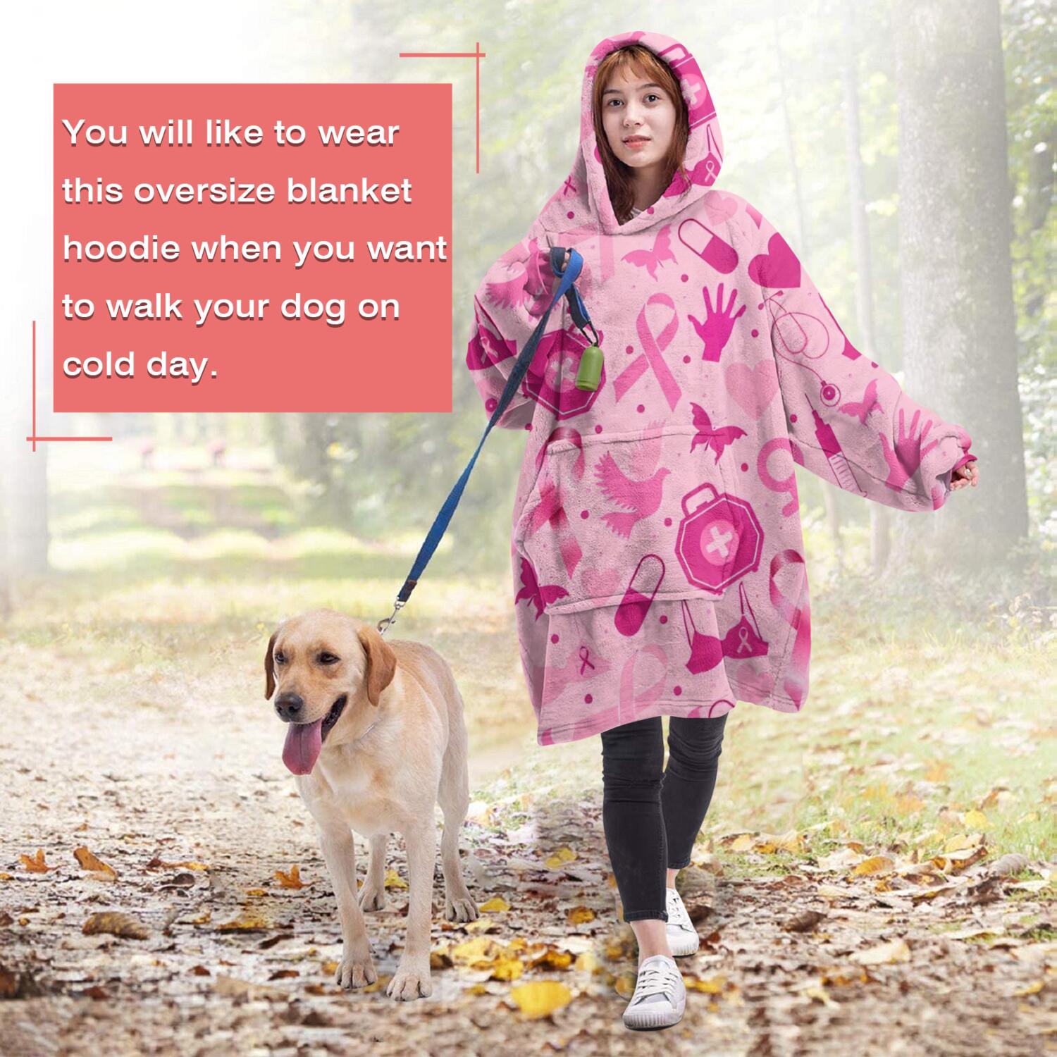 Wearable Oversized Blanket,Pink Breast Cancer Wearable Blanket Hoodie for Adults,Cozy Hooded Blankets with Super Pockets,Super Warm Fuzzy Pullover for Women & Men
