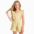 thumbnail image 2 of Girls Striped Romper Overall With Ruffle Trim Fashion Crewneck Playsuit For Summer With Pockets Jumpsuits Cute One-Pieces 2T 3T 4T 5T 6T 7T 8T 9T 10T Girls Outfits,Yellow,13-14 Years, 2 of 5