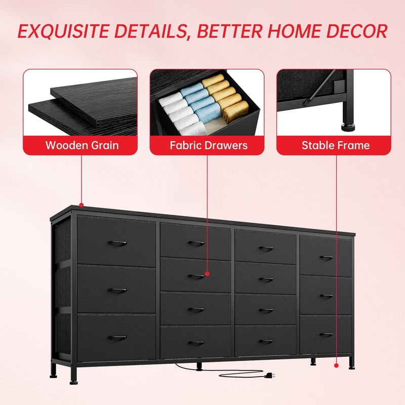 TROPOW 63" W Long Fabric Dresser TV Stand with 14 Drawers, Power Outlets, for 65 70 75 Inch TVs, Entertainment Center for Bedroom Living Room Storage