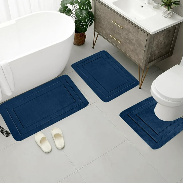 HIGERH Large Bathroom Rug Set | 3-Piece Non-Slip Toilet Mats | Super Soft & Absorbent Velvet Fleece | Modern Blue & Gray | Washable & Quick-Dry