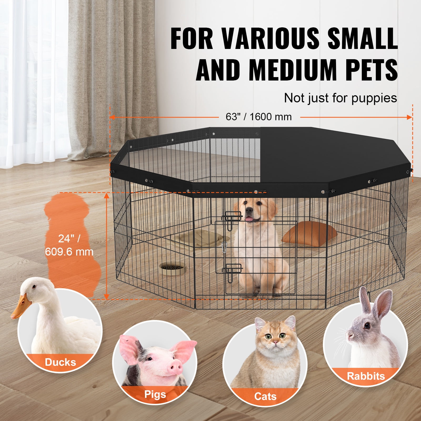 VEVOR Dog Playpen 8 Panels Foldable Metal Dog Exercise Pen with Top Cover 24" H