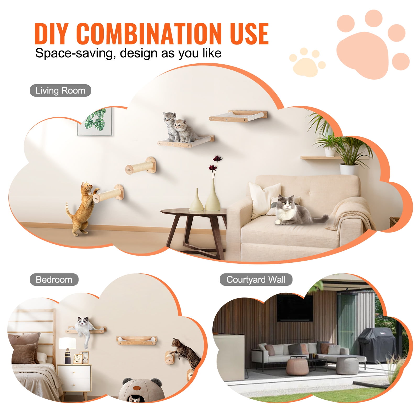 VEVOR Wall Mounted Cat Shelves, Cat Wall Shelves and Perches with Jumping Posts & Hammocks, Cat Furniture Set up to 40 lbs, Removable & Washable Coral Fleece for Sleeping, Playing, Climbing, Set of 4