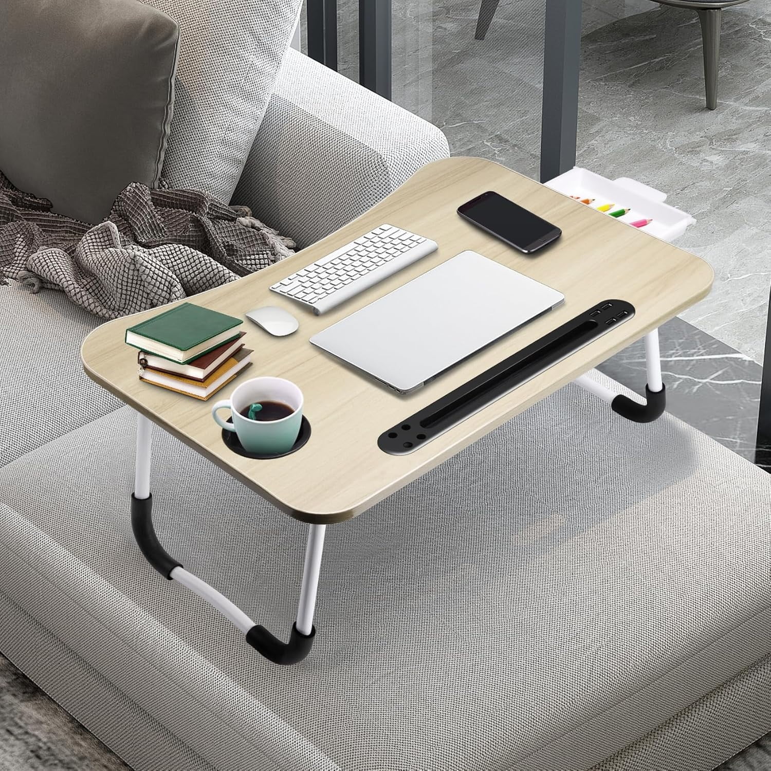 Lap Desk with Tablet Slot, Foldable Laptop Table with Storage Drawer,Portable Bed Desk for Laptop, Computer Tray with Cup Holder Notebook Stand Reading Holder for Couch Floor, White Maple