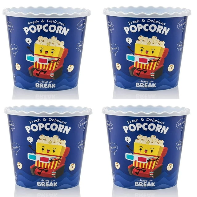 Modern Style Reusable Plastic Popcorn Box / Popcorn Containers / Popcorn Bowls Set for Movie Theater Night - (BPA Free - BLUE 4 Pack-75 oz)