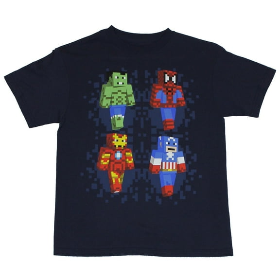 Marvel Comics Mens T-Shirt - Block-Pixel Walking Spidey, Hulk, Iron Man & Cap (Medium)
