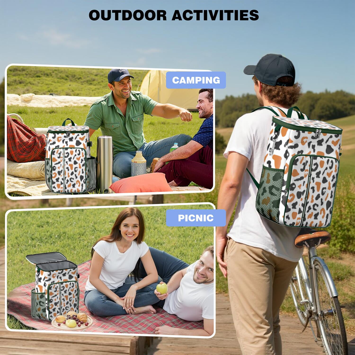 Travel Cooler Bag - White and Orange Of Leopard Print Camping Beer Cooler Backpack with Bottle Opener- Waterproof Insulated Picnic Backpacks - Cooler Bag for Beach