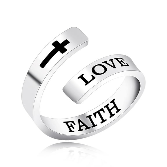 Uloveido Love Faith Ring for Women Open Adjustable Size Stainless Steel Religious Inspirational Cross Faith Ring Y1275