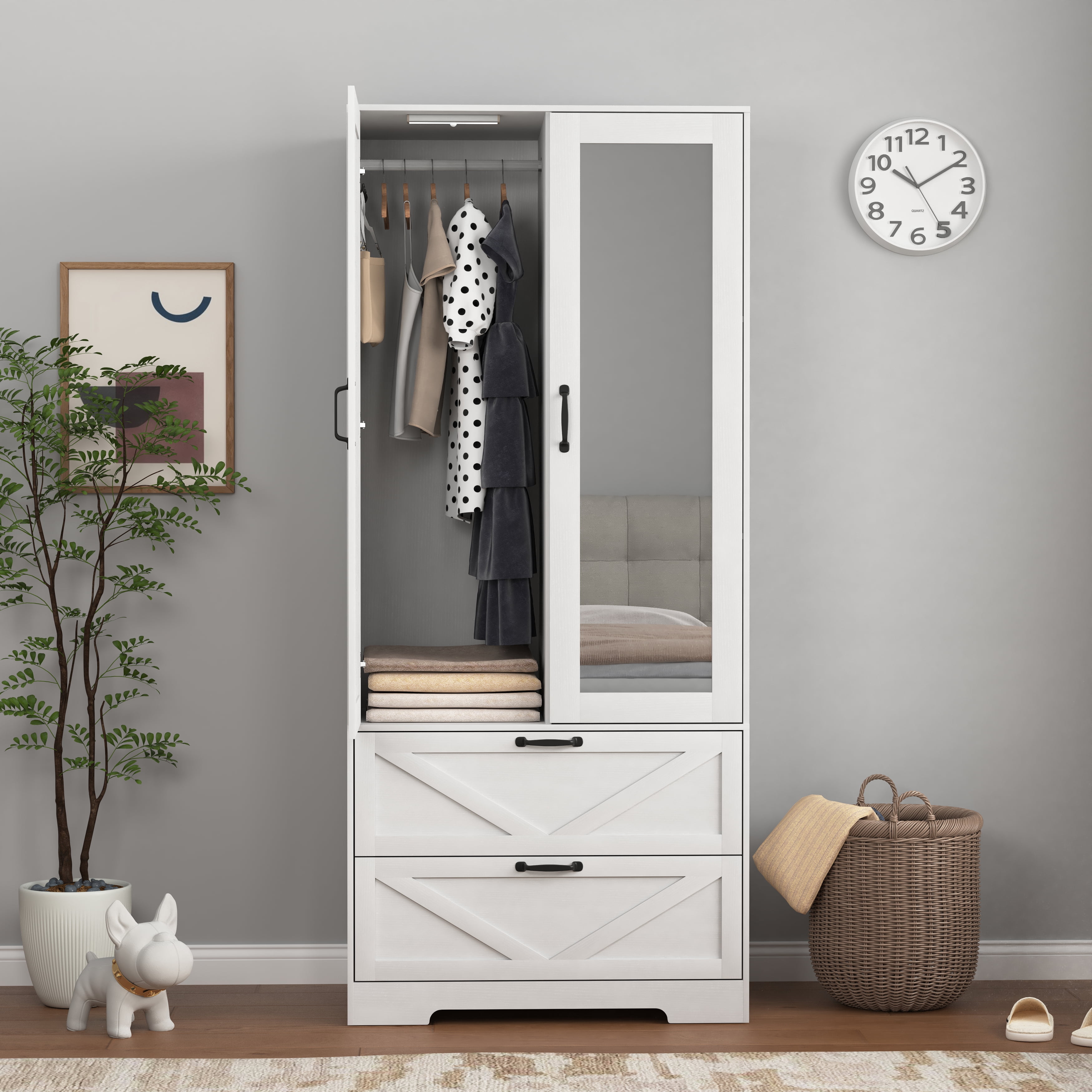 Mintazer 71" Tell Wardrobe Armoire with Mirror Door & 2 Large Drawers and Built-in Induction Light, Freestanding Clothing Storage Cabinet with Hanging Rod & Shelves for Bedroom, White
