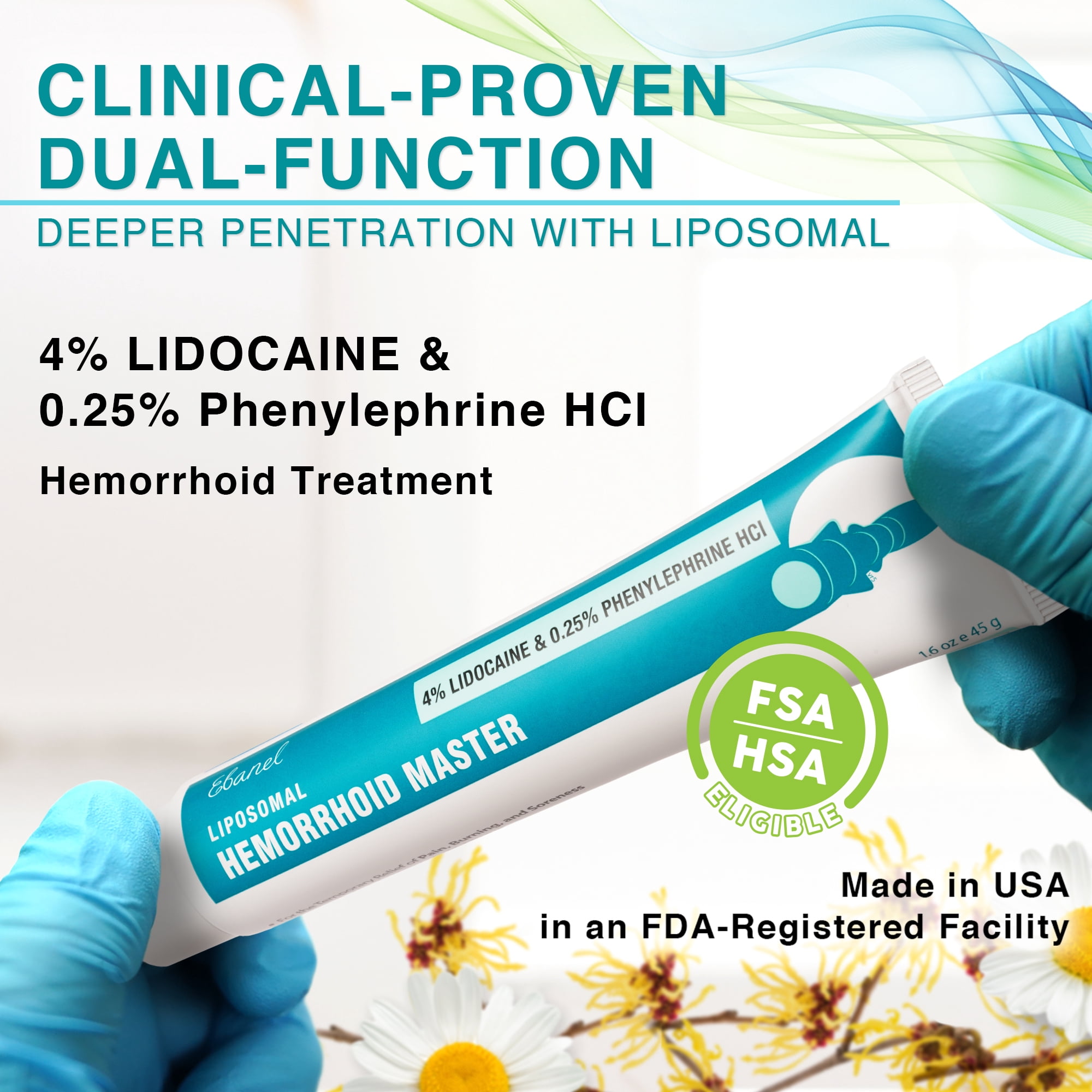 Ebanel 4% Lidocaine Hemorrhoid Treatment Ointment with Phenylephrine, Hydrocortisone, Vitamins B6, D3, E, Zinc Oxide, External and Internal Hemorrhoids Treatment Burn Itch Pain Relief Anal Cream