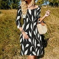 thumbnail image 3 of Black White Leafy Floral Pattern Sweetheart Knot Flared Dress Fashion Design Large Size Loose Dress Spring Summer Women Dress, 3 of 9