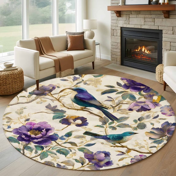 Round Area Rugs Collection 8 Ft, Farmhouse Flowers Non-Slip Residential Carpet, Country Spring Floral Branches Birds Indoor Crawling Mats Runner Rugs for Living Room/Dining Room/Bedroom