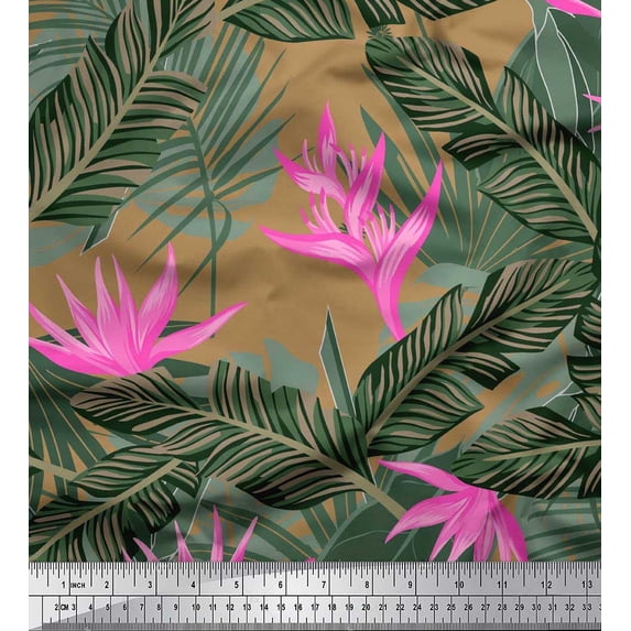 Soimoi Crepe Silk Fabric Floral & Leaves Tropical Printed Craft Fabric by the Yard 42 Inch Wide