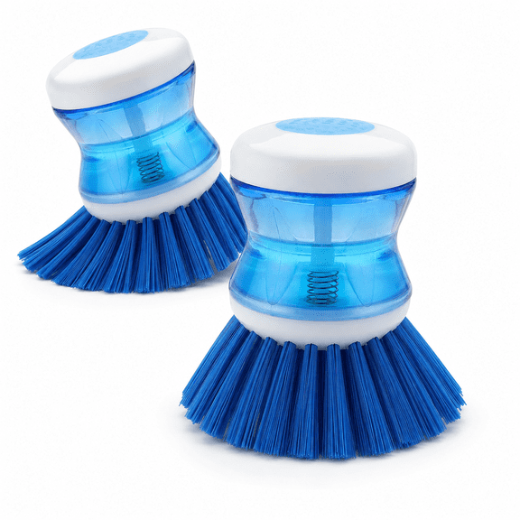 CNDRLEF Soap Dispensing Palm Dish Brush, Refillable Dish Scrubber, 2-Pack, Blue, 3.5 in, Stiff Bristles for Pots, Pans, Dishes & Sink