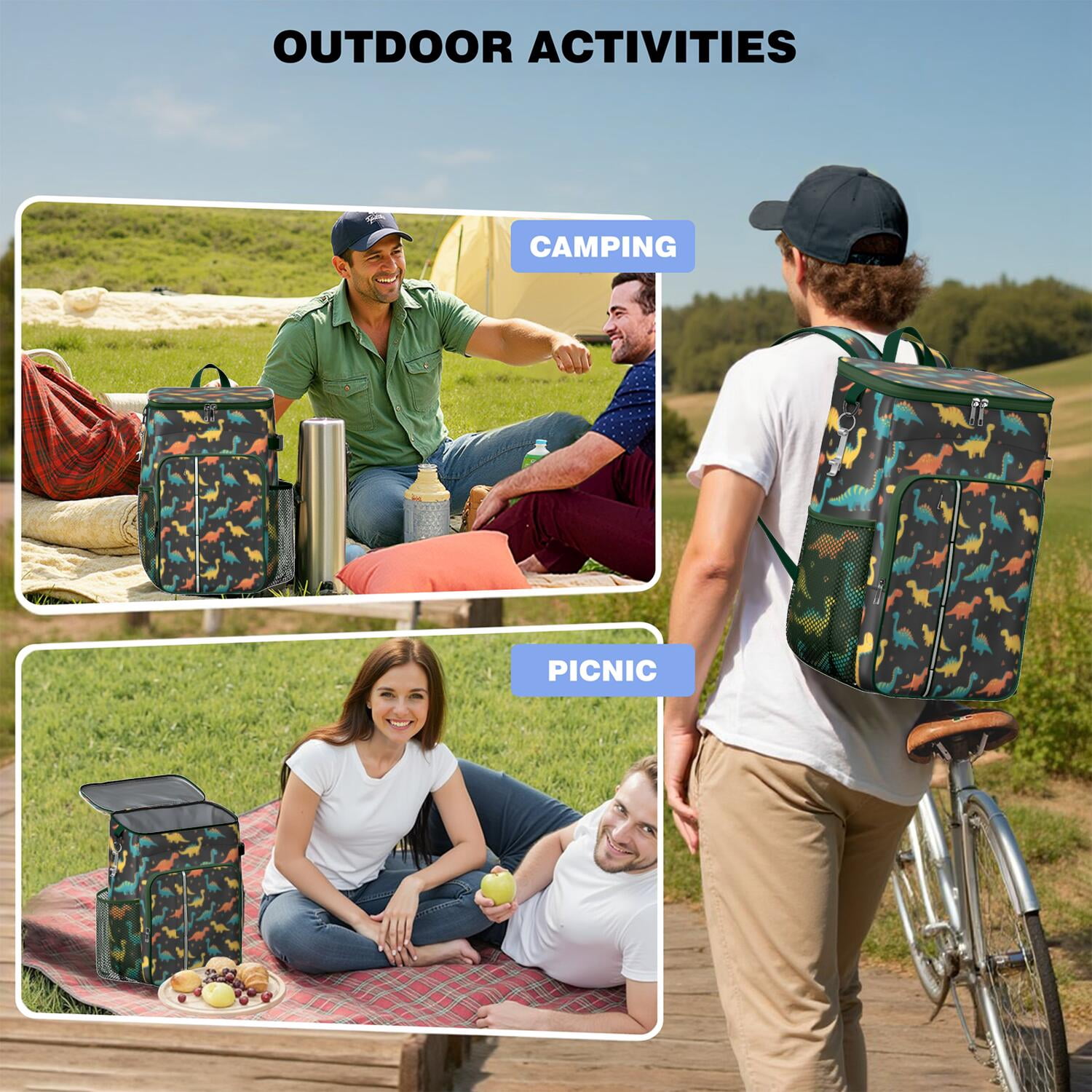 Travel Cooler Bag - Black Colorful Dinosaurs Pattern Camping Beer Cooler Backpack with Bottle Opener- Waterproof Insulated Picnic Backpacks - Cooler Bag for Beach