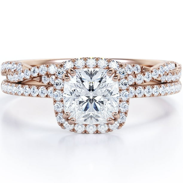 Juego de Anillos de Boda con Halo de Moissanita de Talla Cojín de 1,5 Quilates y Diseño Infinito con Pavé, Chapado en Oro Rosa de 18 K sobre Plata