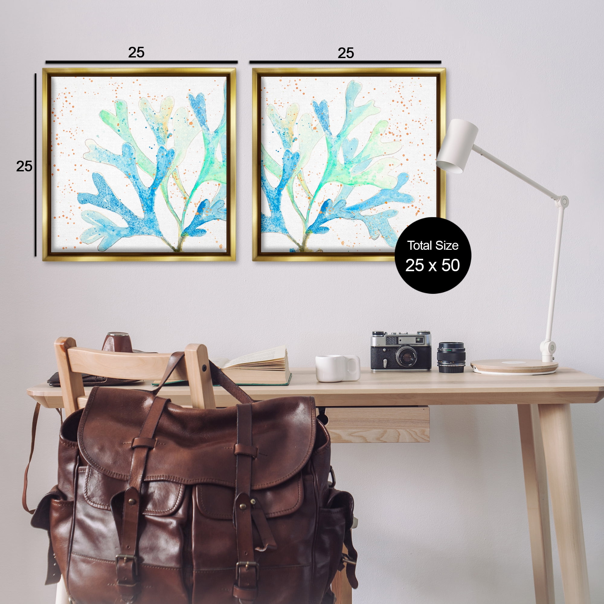 Stupell Industries Speckled Blue Green Coral Plants & Flowers Painting Gold Floater Framed Canvas Art Print Wall Art, 25 x 25, Set of 2