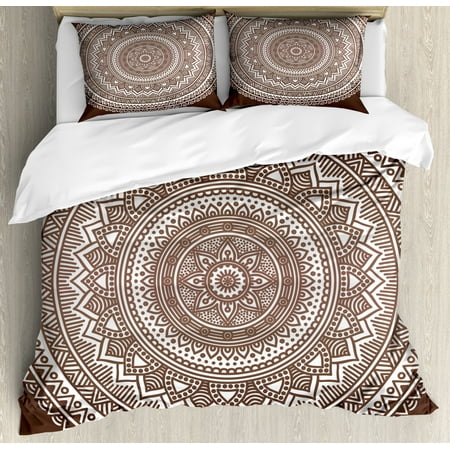 Brown Duvet Cover Set Mandala Pattern And Ombre Detailed Round