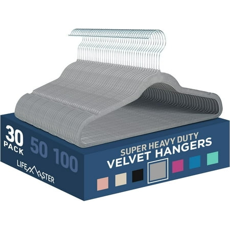 Lifemaster Velvet Clothes Hangers &ndash; With 360 Degree Swivel Hook and Non-Slip Shoulder Notch, Holds Up To 10 lbs, Heavy Duty Hanger Set, For Organizing Suit, Dress, Coat, and Clothes, Pack of 30, Gray
