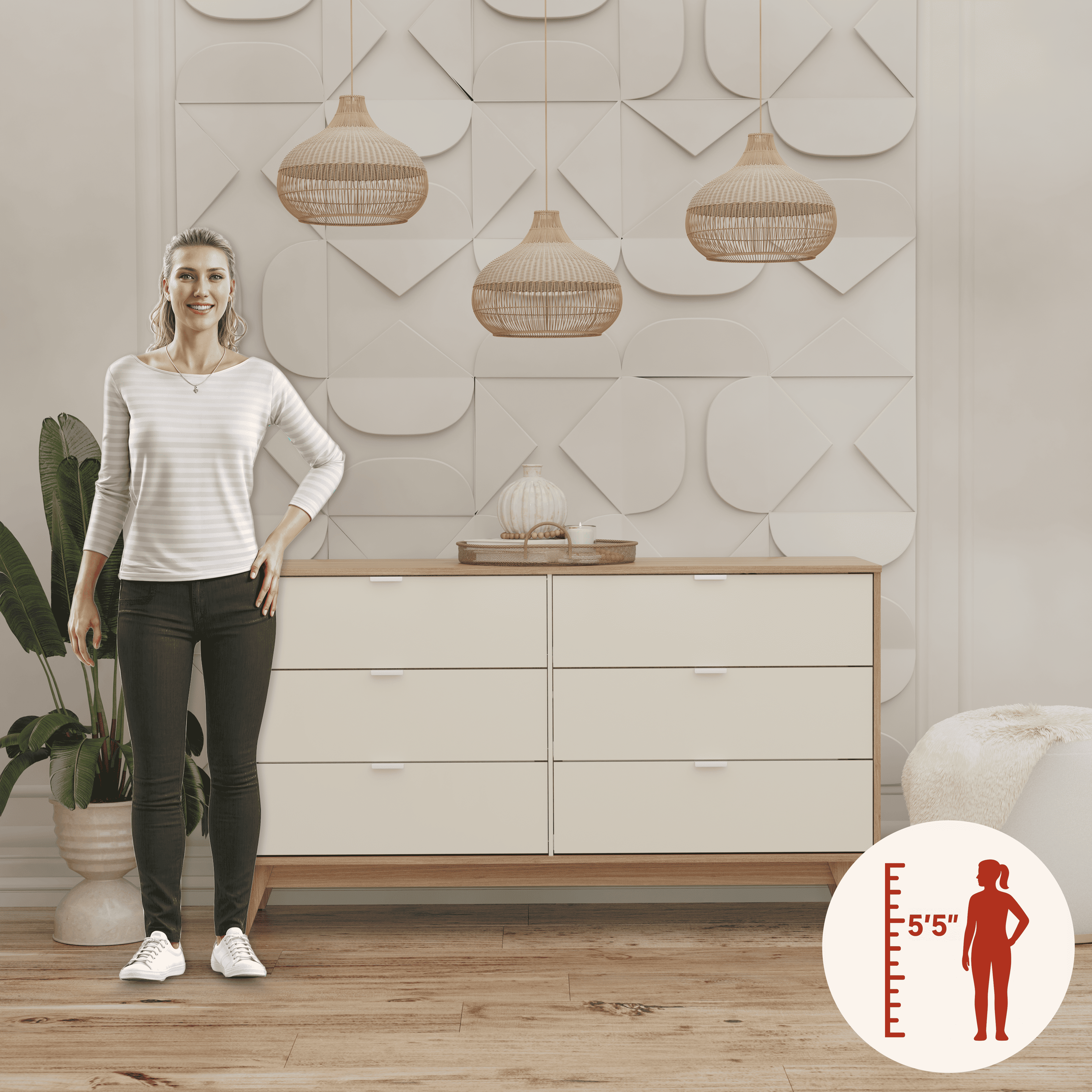 Kappesberg Hanford Hanford 6-Drawer Dresser: Functionality and Style for Your Bedroom, for Adults and Teens - Light Brown/Creme.
