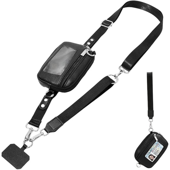 Clip and Go Strap for Phone with Wallet Crossbody Phone Lanyard Adjustable and Detachable RFID Wristlet Wallet with ID Window and Zipper, Black