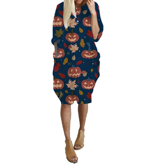 ORQ Womens Halloween Pumpkin Print Long Sleeve Loose Pullover Mini Dress