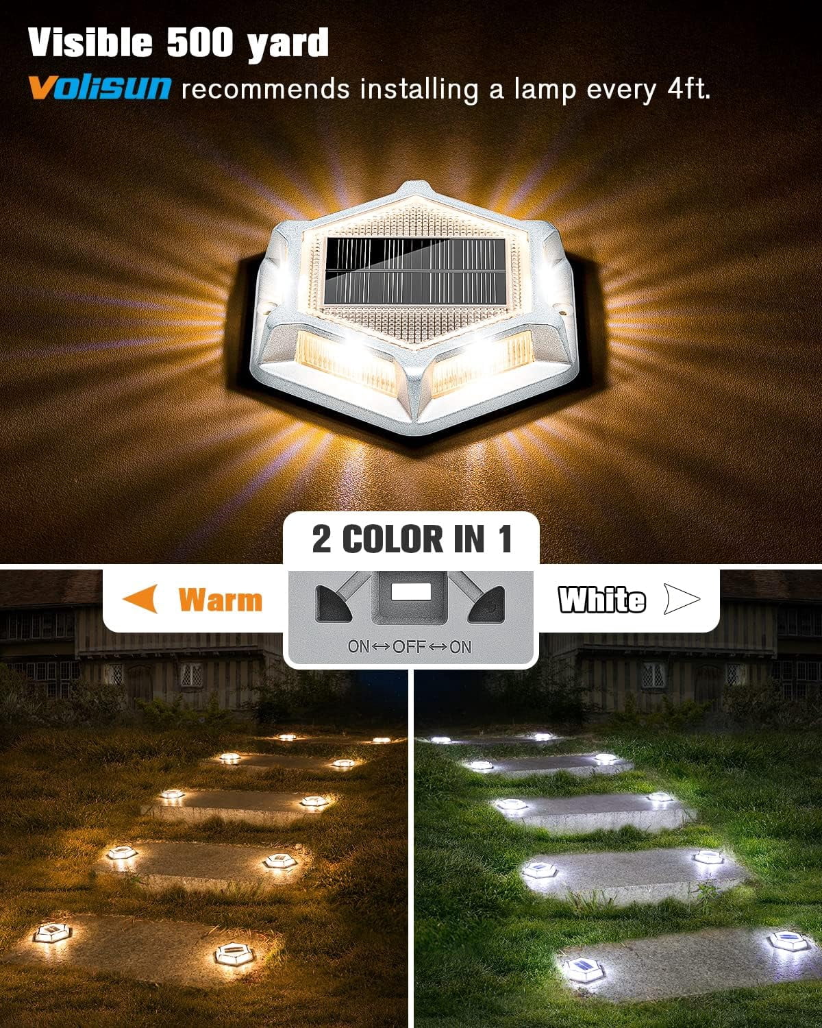 Solar Driveway Lights Dock Outdoor Waterproof Marker Lights,12 Pack Solar Deck Lights 2 Colors in 1 Led Wireless IP67,Solar Deck Lights for Sidewalk Pathway Yard(White/Warm White),Auto On/Off
