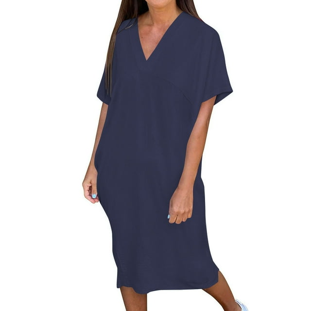 Robes Longues Décontractées pour Femmes à Manches Courtes, Fendues, Amples, Robes d'Été Babydoll Mignonnes, Robes de Maternité Amples, Bleu Marine, P
