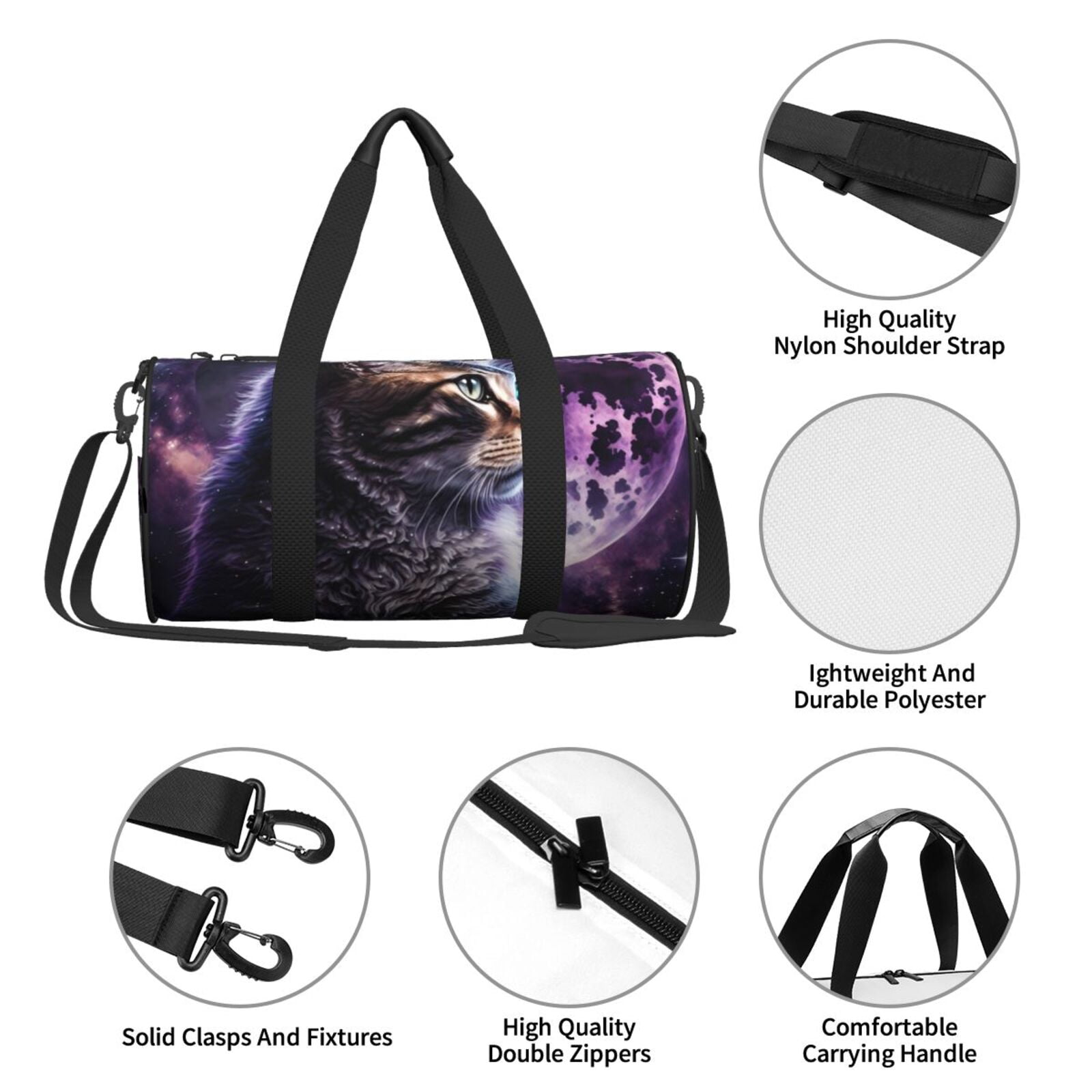 Hirioo Purple Moon Cat for Round Large Capacity Travel Luggage Bag Weekend Getaway Bag for Gym Beach Swim Bag Men Women
