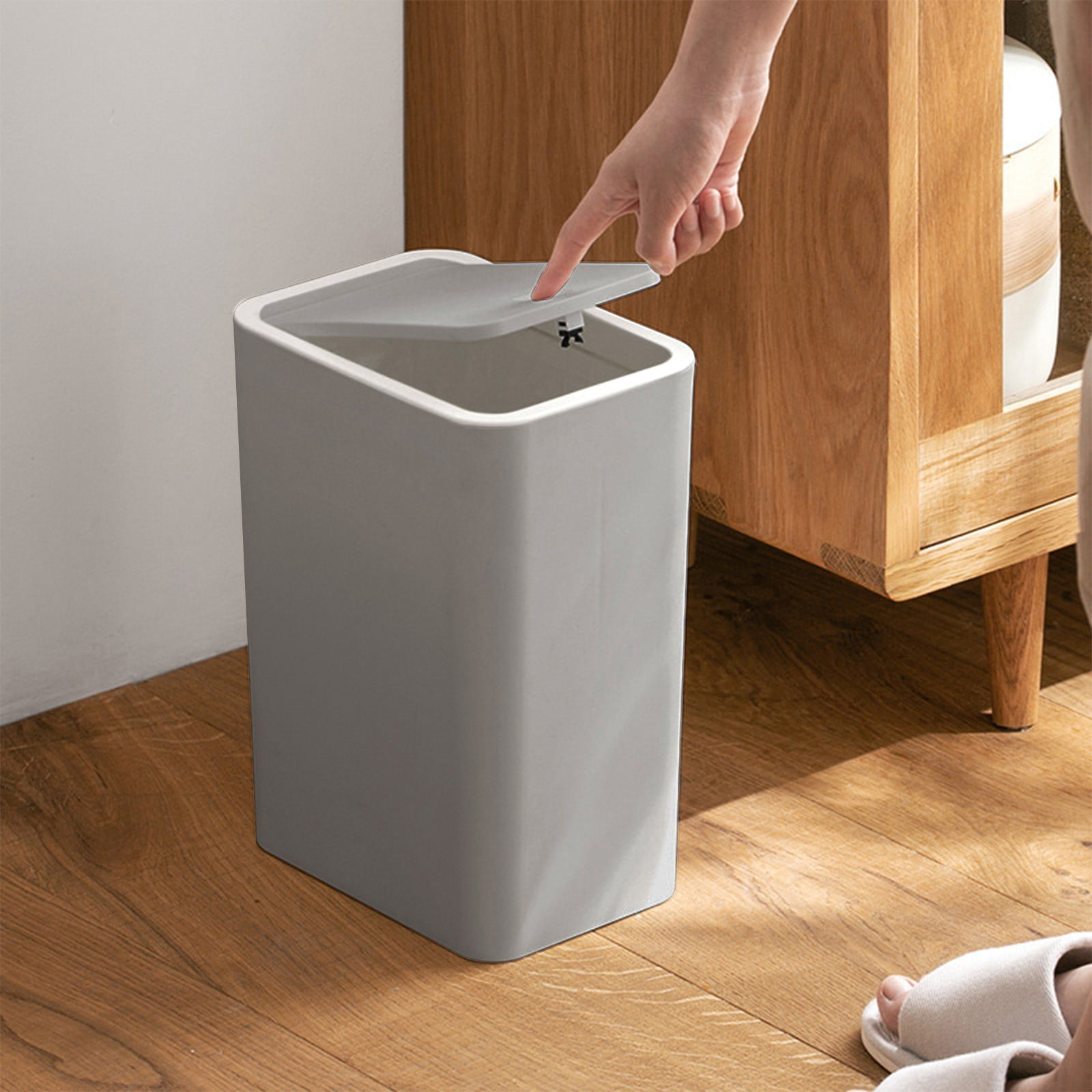 KITTEHIGM Bathroom Trash Can Small Bathroom Trash Can with Press Lid Plastic Wastebasket with Press-to-Open Lid for Toilet Office Bedroom Living Room Space-Saving Garbage Bin for Home Use
