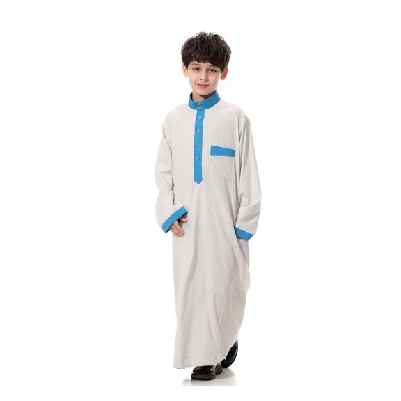 Thobe for Boys Long Sleeve Button White Long Thobe Kids Eid Outfit 13-14 Years Boys Clothes
