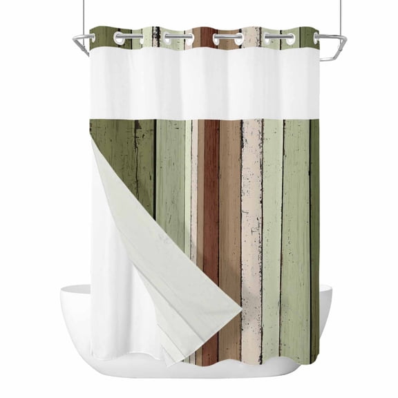 Sage Green No Hook Shower Curtain Waterproof,Bathroom Curtains with Snap in Liners and See Through Top Window,Farmhouse Wood Grain Vintage Brown Striped Hotel Style Bathtub Curtains Shower 48"Wx72"L