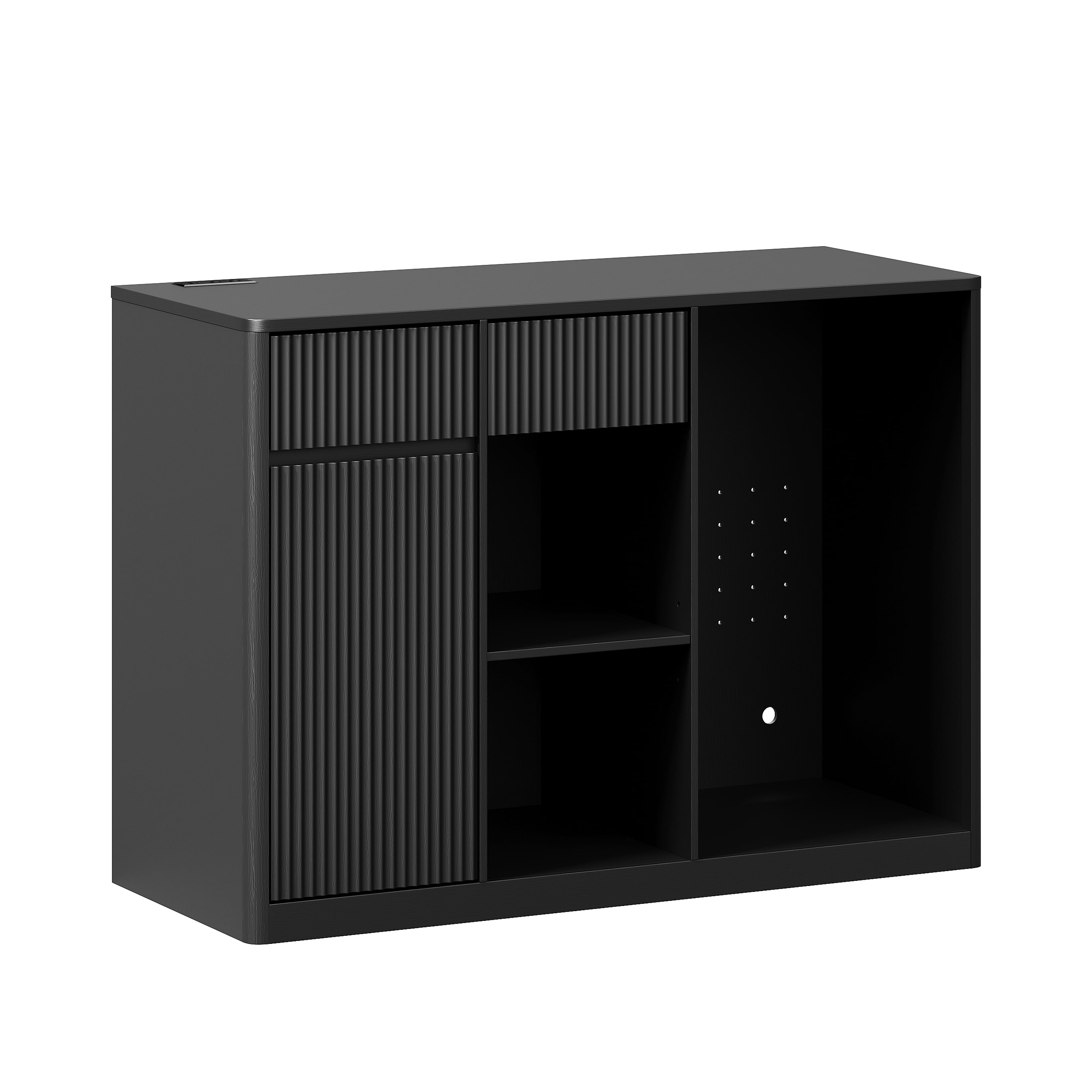 56.69 in Modern Fluted Bar Cabinet with Fridge Compartment, Adjustable Shelves & Built-in Power Outlets, Black