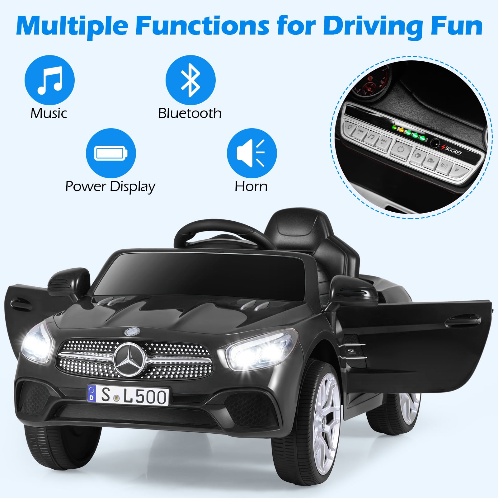 OLAKIDS 12V Electric Kids Ride On Car, Licensed Mercedes Benz SL500 Toy Car with Remote Control, MP3 Plug, USB, 2 Speeds, LED Lights, Battery Powered Toy Vehicle for Toddler Children (Black)