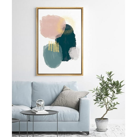 PixonSign Framed Canvas Print Wall Art Pink, Teal and Green Brushstrokes Geometric Shapes Digital Art Modern Art Minimalist Relax/Calm Cool for Living Room, Bedroom, Office - 24"x36" Natural