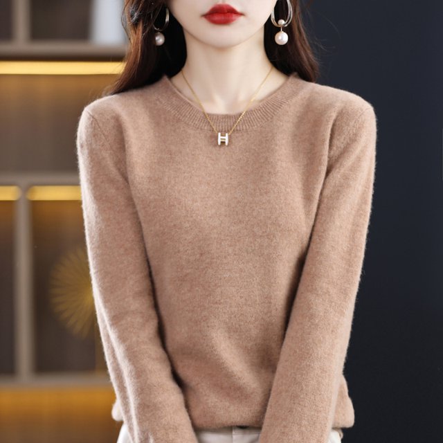 Suéter de lana para mujer, cuello redondo, jersey corto de talla grande, manga larga, jersey de punto ajustado, jersey de cachemira