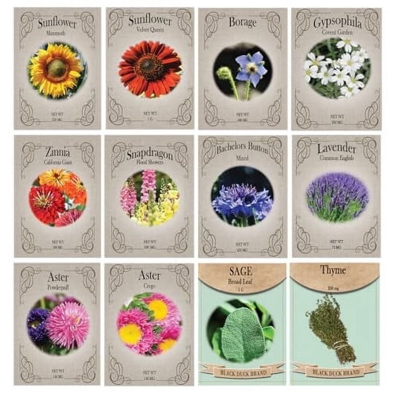 Set of 12 Pollinator's Paradise - Non-GMO, Heirloom, and High Germination - Sunflower, Zinnia, Aster, and More!