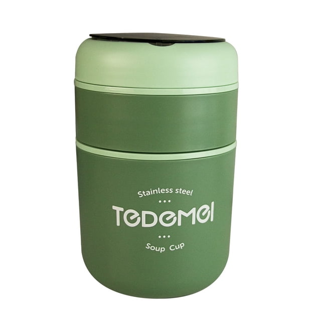 TAZA TERMO DOBLE ESPACIO DESMONTABLE Acero inoxidable, 2 contenedores, ideal para líquidos y sólidos, incluye cuchara desmontable, anillo de goma anti derrames, válvula de salida de vapor.