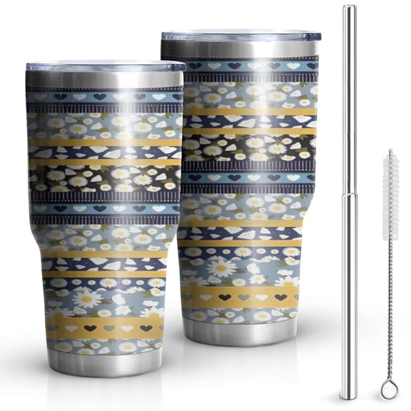 30oz Blue Pioneer Flower Striped Pattern Tumblers Stainless Steel Tumbler with Lid and Straw,Vacuum Insulated Double Wall Travel Tumbler Cups Mug with Cleaning Brush for Coffee,Tea