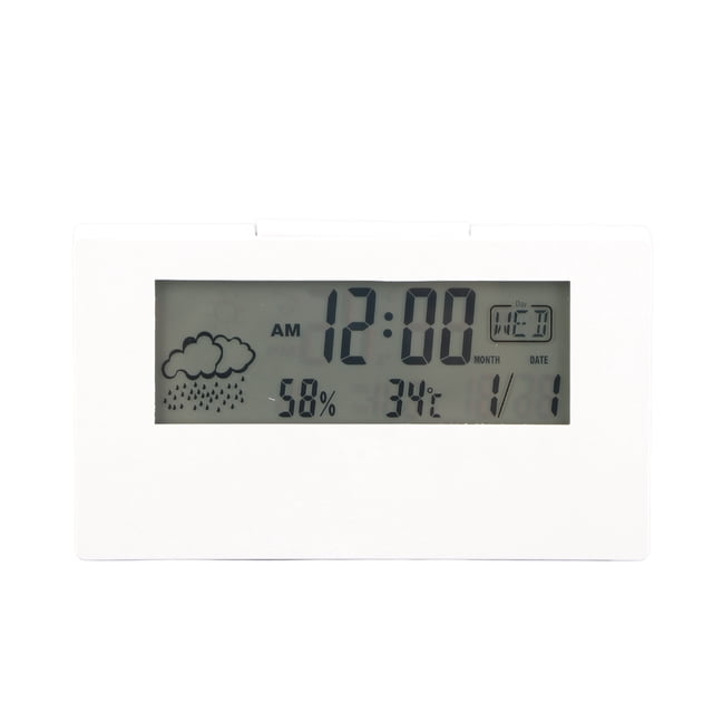 Reloj despertador digital LCD Pantalla clara Diseño simple Termómetro digital Higrómetro para el hogar Dormitorio Escuela Oficina 2158L Blanco con luz